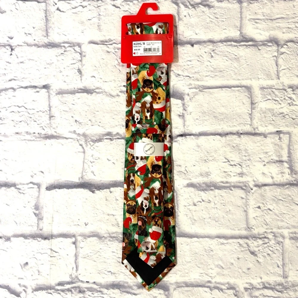Bespoke Christmas Dogs Holiday Tie Green Christmas Puppies with Santa Hats NWT
